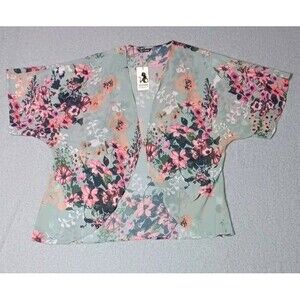 NWT! Feitong Chiffon Kimono Cardigan Cover Up XL Mint Green Floral